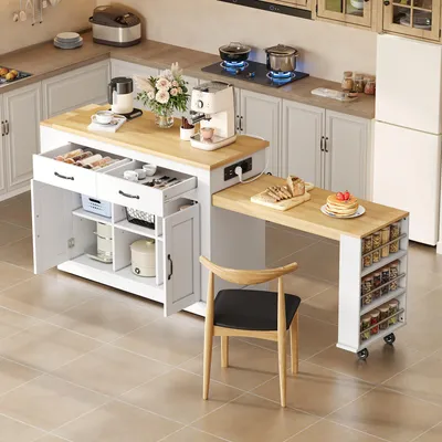 Produktbild von STILVORA Kücheninsel mit 2 ausziehbaren Arbeitsflächen und verstellbaren Regalböden, Küchenschrank mit Steckdosen und 2×USB-Anschlüssen, Küchenwagen für Küche und Esszimmer