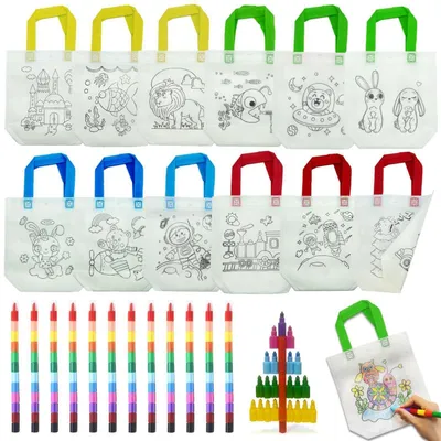 Produktbild von Stoffbeutel zum Bemalen für Kinder, 12 Stück mit 12 Wachsmalstiften (12 Farben)