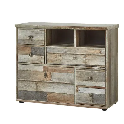 A dresser with multiple drawers and open shelves, made of driftwood-like material.