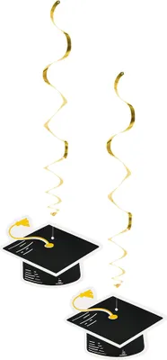 Two graduation cap hanging decorations.