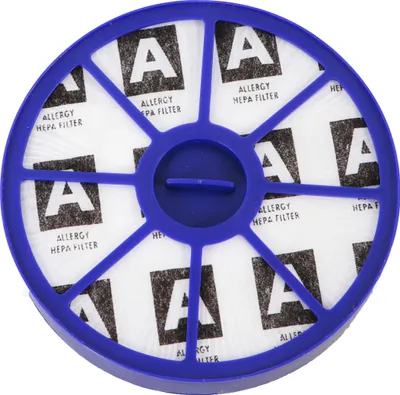 A close-up, top-down view of a round, blue HEPA filter with a white filter material inside, featuring repeated black and white text and logos.