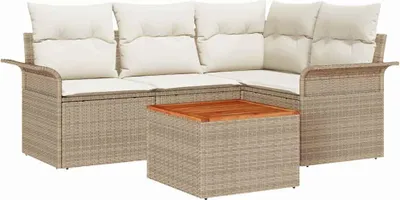 Immagine prodotto di Set da giardino composto da 5 pezzi, divano da 4 posti, colore beige e crema, realizzato in rattan sintetico