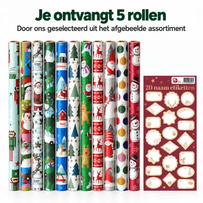 Produktbild von Benza – Weihnachtsgeschenkpapier für Kinder – 5 Rollen à 70 x 200 cm – Inklusive 20 Namensschildern