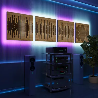 Immagine prodotto di Set da 4 pannelli acustici a LED con effetto RGB Glow per Echo Control | Pannelli fonoassorbenti con retroilluminazione | 4x WAVE -Separately-LINE | Rovere