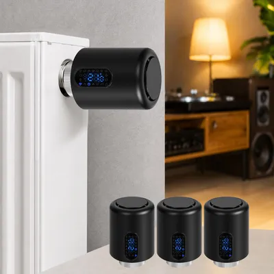 Obrázek produktu pro Chytrý termostat pro radiátory Eikuavons, WiFi, ovládání přes aplikaci, kompatibilní s platformami Smart Life/Tuya, 7 adaptérů pro ventily, černý, sada 3 kusů