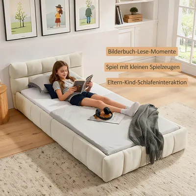 Image de OKWISH Lit Simple 90x200 cm - Lit Simple Capitonné avec Housse Chenille Douce et Cadre Bois Métal Stable, Confort Enfant, Sans Matelas - Beige