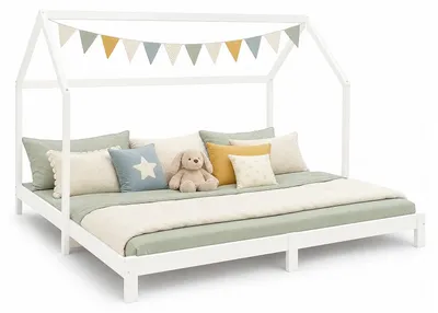 Produktbild von Homestyle4u Kinderbett 90x200 180x200 Familienbett mit Lattenrost ausziehbar Kinderbett Hausbett Weiß Holz Kiefer