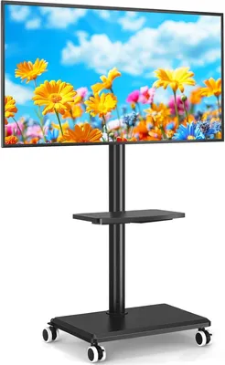 Produktbild von Rollbarer TV-Ständer – Standardmodell – Mit Holzablage – TV-Ständer – Rollbar – Schwenkbar und höhenverstellbar – Für Fernseher von 27 bis 60 Zoll