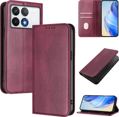 Obrázek produktu pro Pouzdro pro Xiaomi Poco F6 Pro/Redmi K70/K70 Pro, vintage kožené pouzdro s RFID ochranou, přihrádkami na karty, stojánkem Červený
