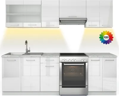 Produktbild von Vicco Küchenzeile Raul, 240 cm , AP Marmor mit LED-Leisten, Weiß/Weiß