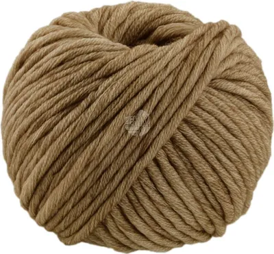 A ball of chunky yarn in a beige-khaki color.