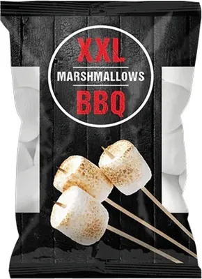 A bag of XXL marshmallows for BBQ, with three marshmallows on skewers in the foreground.