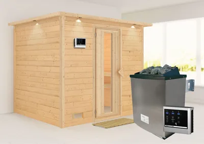 Produktbild von Karibu Sauna Innensauna Sonara Fronteinstieg Ofen 9 KW externe Strg easy 259x210x206 cm mit Dachkranz mit Energiespartür