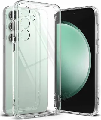 A clear silicone phone case is shown next to a smartphone.