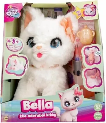 The image shows a plush toy cat named Bella in its retail packaging.