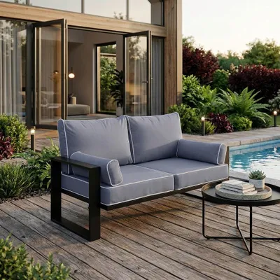 Produktbild von BEAUTYSOFA | VERDINO 2-Sitzer Gartensofa Blaugrau – Garten Lounge Sofa mit Metallrahmen, Outdoor Sofa wetterfest, SIMAX 42
