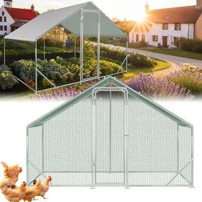 Obrázek produktu pro Kurník Ikodm, voliéra pro slepice, rozměry 3 x 3 x 2 metry, plocha 9 m², sedlová střecha, konstrukce z pozinkované oceli o tloušťce 25 mm, oplocení z PVC drátěného pletiva a bílá ochranná plachta z polyetylénu