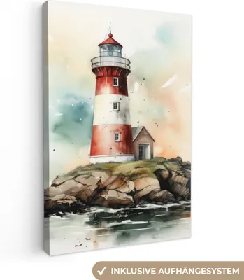 Produktbild von MuchoWow® - Leinwandbilder - Leuchtturm - Felsen - Weiß - Natur - Meer - Maritim, Wandbild, Wanddeko Bilder Wohnzimmer, 20x30cm