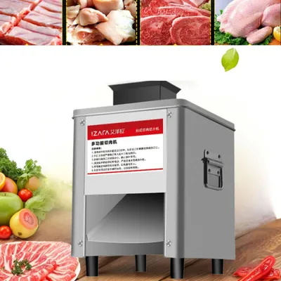 A collage of raw meat and a commercial meat slicer machine.