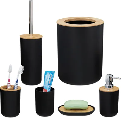 Produktbild von Badezimmer-Accessoires-Set, 6-teilig, Kunststoff und Bambus, Komplettset, Schwarz