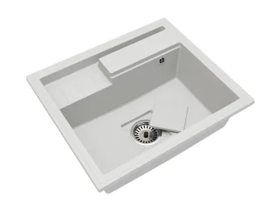 Zdjęcie produktu dla Zlewozmywak granitowy jednokomorowy Elite 6052 - biały - syfon chromowany - maskownica odpływu - deska do krojenia