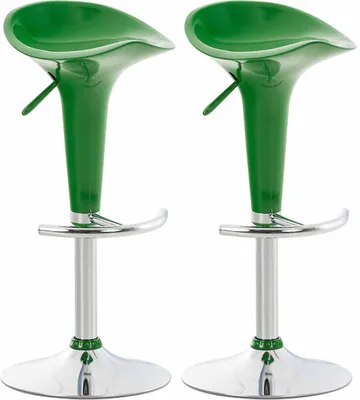 Two green bar stools on a white background.