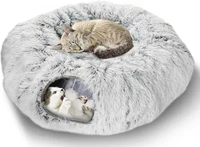 Produktbild von Katzentunnel aus Plüsch, Indoor-Katzentunnel mit Bett, multifunktionelles Katzenspielzeug, Plüschkatzentunnelbett mit hängender Kugel und Beobachtungsluke, für kleine, mittelgroße und große Katzen