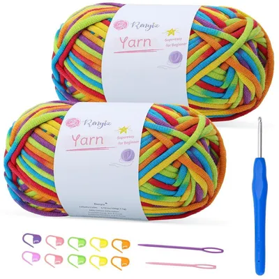 Image de Fil pour crochet épais, 2 pelotes de 100g, avec un crochet de 4 mm, couleurs arc-en-ciel, mélange coton-nylon
