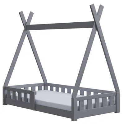 Produktbild von Montessori Kinderbett 140x70cm grau Tipi Spielbett Zeltform Holz bodentief Rausfallschutz mit 100 Matratze