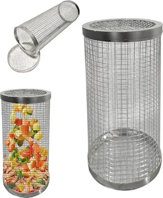Produktbild von Zylindrischer Grillkorb Rund aus Edelstahl mit 1x Haken | Rollendes Grillkorb für Gasgrill, Elektro- und Holzkohle-Grill | 20 x 9 cm Grillnetzrohr für Gemüse, Pilze Meeresfrüchte, Grillgemüse