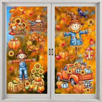 Productafbeelding van Herfstdecoraties voor ramen, motief: vogelverschrikker, 9 stuks, 20x30 cm, zelfklevend