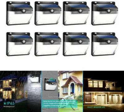 Produktbild von 8 Stück Solarleuchte 60LED, Solarlampe mit Bewegungsmelder, Solarlicht für aussen, wasserdichte Solarbetriebene Sicherheitswandleuchte