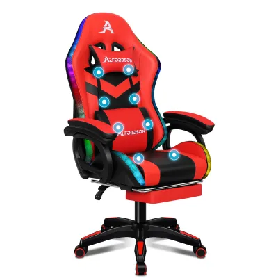 A red and black gaming chair with blue light accents and LED lighting on the sides and back.