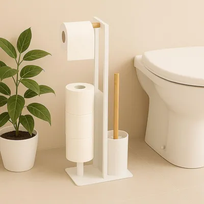 Image de Porte-rouleau de papier toilette en bambou et métal - Autoportant