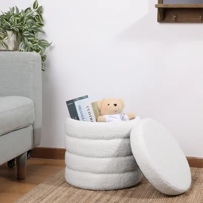 Produktbild von Navaris Pouf Hocker Stauraum - Sitzhocker weiß rund - Schminktisch Sitzhocker mit Stauraum - Ottoman Schminktisch Hocker - Schminkhocker - Poufs