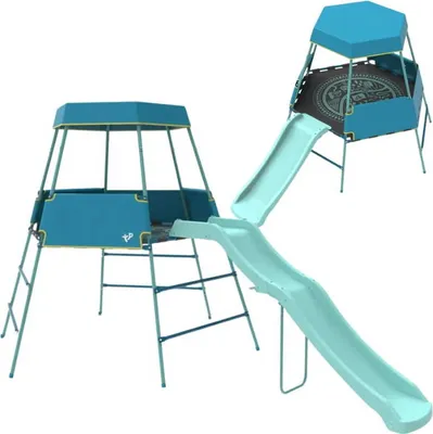 A teal and light blue metal climbing frame with two slides and a canopy on a white background.