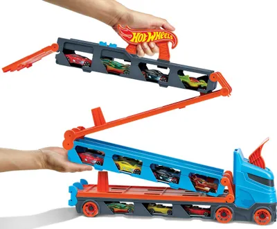 Produktbild von Hot Wheels 2-in-1 Rennbahn-Transporter inkl. 3 Spielzeugautos