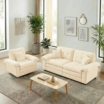 Image de Ensemble de canapés 2 pièces : canapé 1 place + causeuse, chenille, mousse à mémoire de forme, avec coussins – Beige