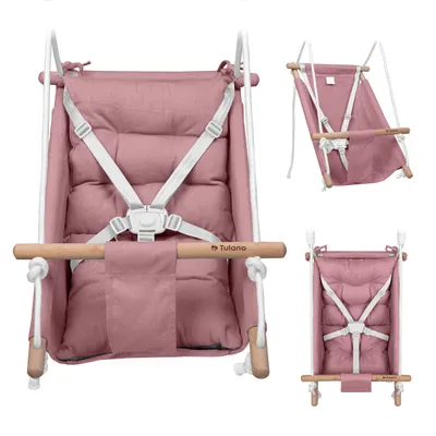 Produktbild von TULANO Hop 40 | Schaukel Kinderschaukel Babywippe Babyliegesitz 3in1 | 5-Punkt-Gurt | Tragfähigkeit bis 60kg | 6-36 Monaten | aus Holz | Rosa-Grau