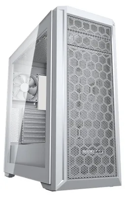 A white mid-tower computer case with a glass side panel and a mesh front.