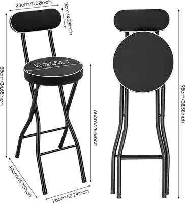 Image de Tabouret de bar pliable - Lot de 2 - Hauteur d'assise 65 cm - Capacité de charge de 125 kg par tabouret - Assise rembourrée de 5 cm - Avec dossier - Noir