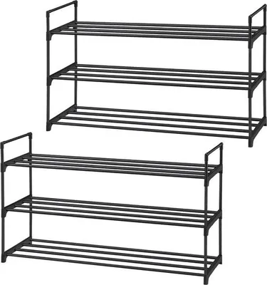 Produktbild von Famanu Schuhregal 3 Ebenen Set 2 Metall Schuhaufbewahrung 24-30 Paar Schuhe stapelbar schwarz