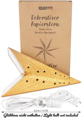 A golden star-shaped paper lantern and its packaging are shown against a white background.