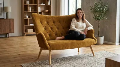Produktbild von Schlafsofa LUNA Royal – Gesteppte Rückenlehne, Velours in Gelb, Family Meble, KI-generiertes Bild