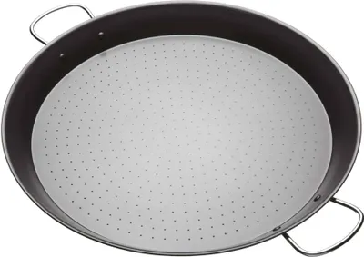A top-down view of a paella pan with handles.
