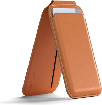 A brown leather phone case with a card slot, standing open.
