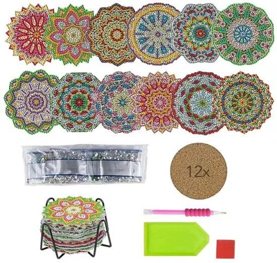 Obrázok produktu pre Sada na maľovanie diamantmi, 12 kovových podložiek, 29 dielov, kvetinová mandala