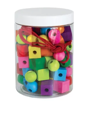 Productafbeelding van Maxi-hout kralen, kleurrijk, met koord, 92 stuks, in een plastic doos van 10x14 cm