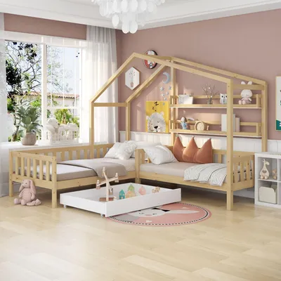 Image de OKWISH Lit Enfant 90x200 cm - Lit Cabane en Bois Massif avec Tiroirs et Barrières de Sécurité, Design Naturel