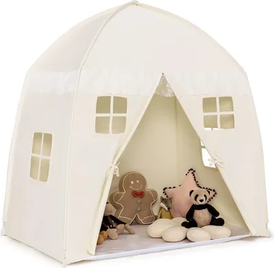 Produktbild von GOPLUS Kinderzelt, großes Spielzelt 143x100x155cm, mit Tragetasche, Anti-Rutsch-Matte, Reißverschlusstür, atmungsaktive Fenster, Spielhaus für 2-3 Kinder (Beige)